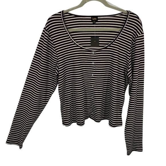 Lee Rib Knit Scoop neck Top Size 1X Navy Striped Long Sleeve Pearl Snap Details - Picture 1 of 9
